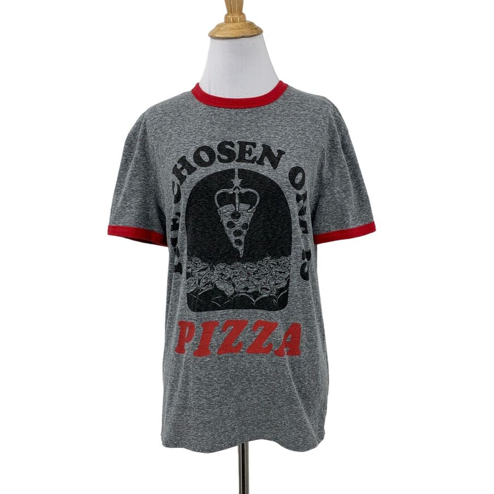 Disney Junk Food Ringer Tee Shirt Womens S Gray The Chosen One Is Pizza Graphic